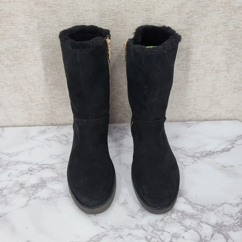 Ugg Black Suede Shearling Sherpa Lined Gold Zipper Women's Boots Size 6